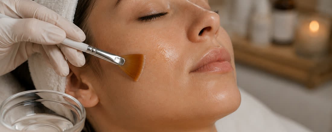 Aplicação de peeling químico no rosto da paciente